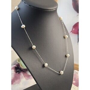 Sterling Silver Floating Pearl Necklace 18" White Freshwater Dainty Elegant Gift
